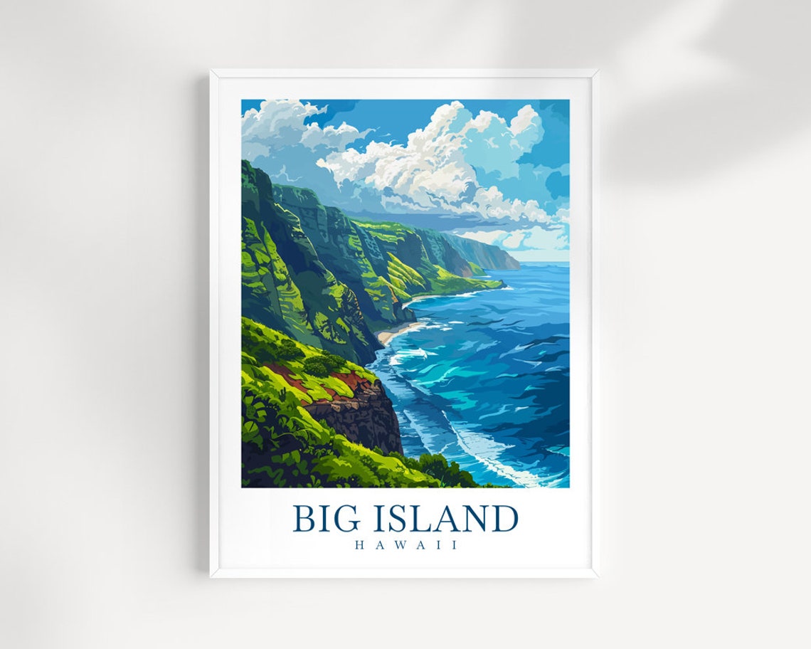 Big Island Hawaii Green Sea Cliffs Blue Ocean Coast Travel Poster