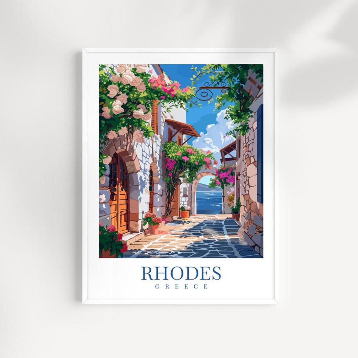 Rhodes Greece Old Town Bougainvillea Street Sea View Travel Poster