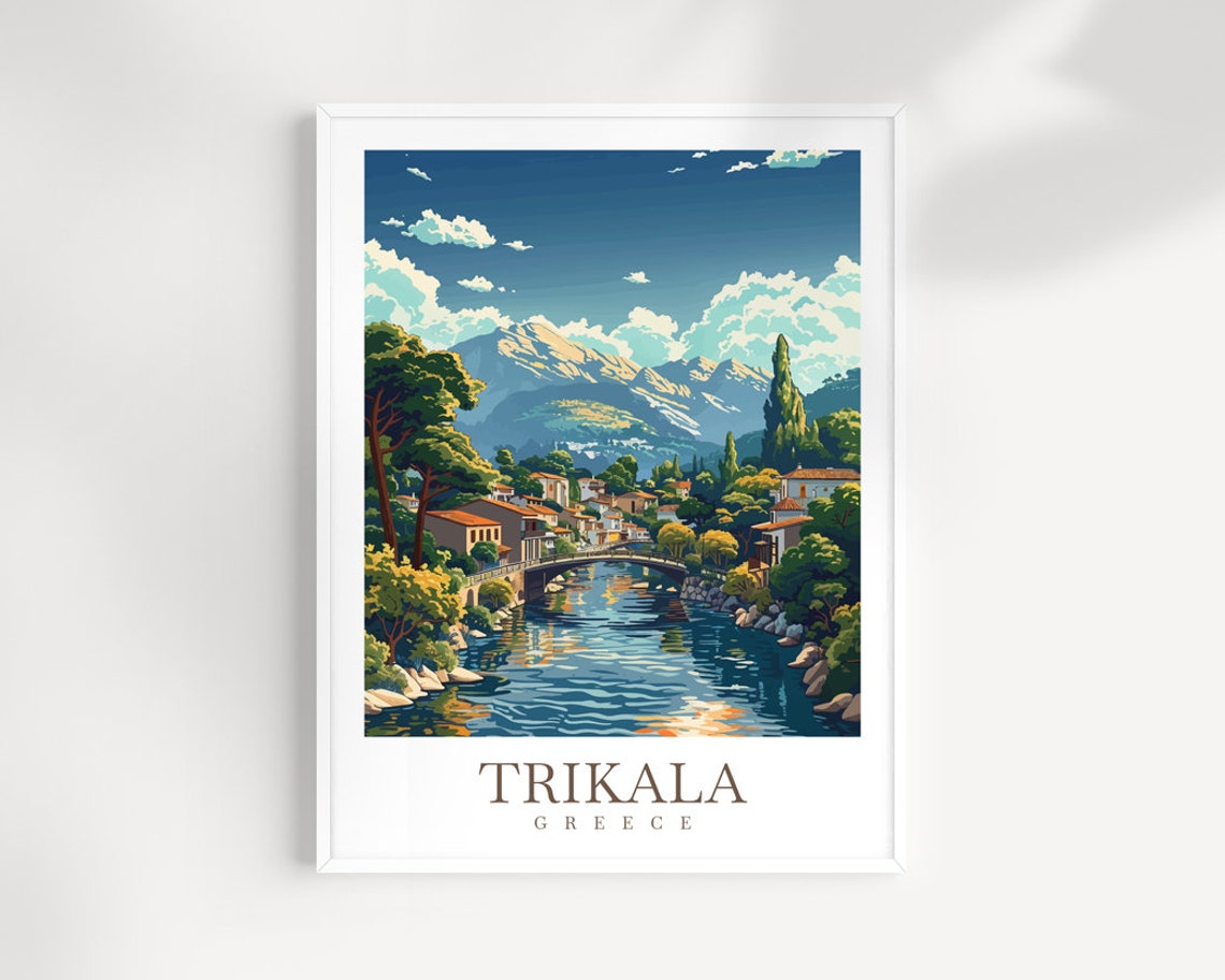 Trikala Greece Travel Poster - Mountain River Running Through Old Town