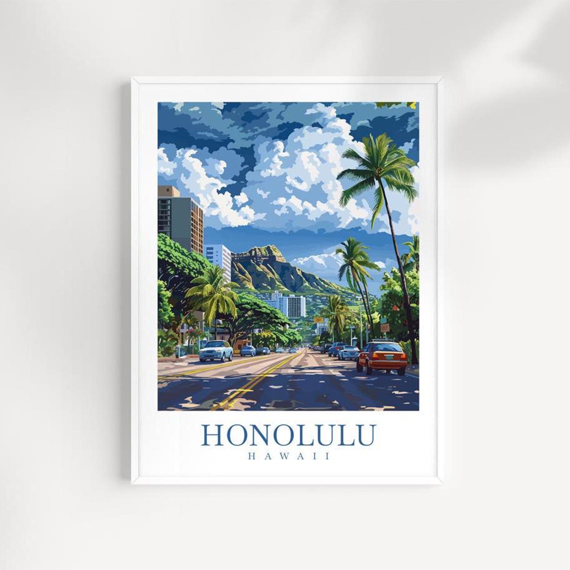 Honolulu Hawaii Palm Lined Street And Diamond Head View Poster