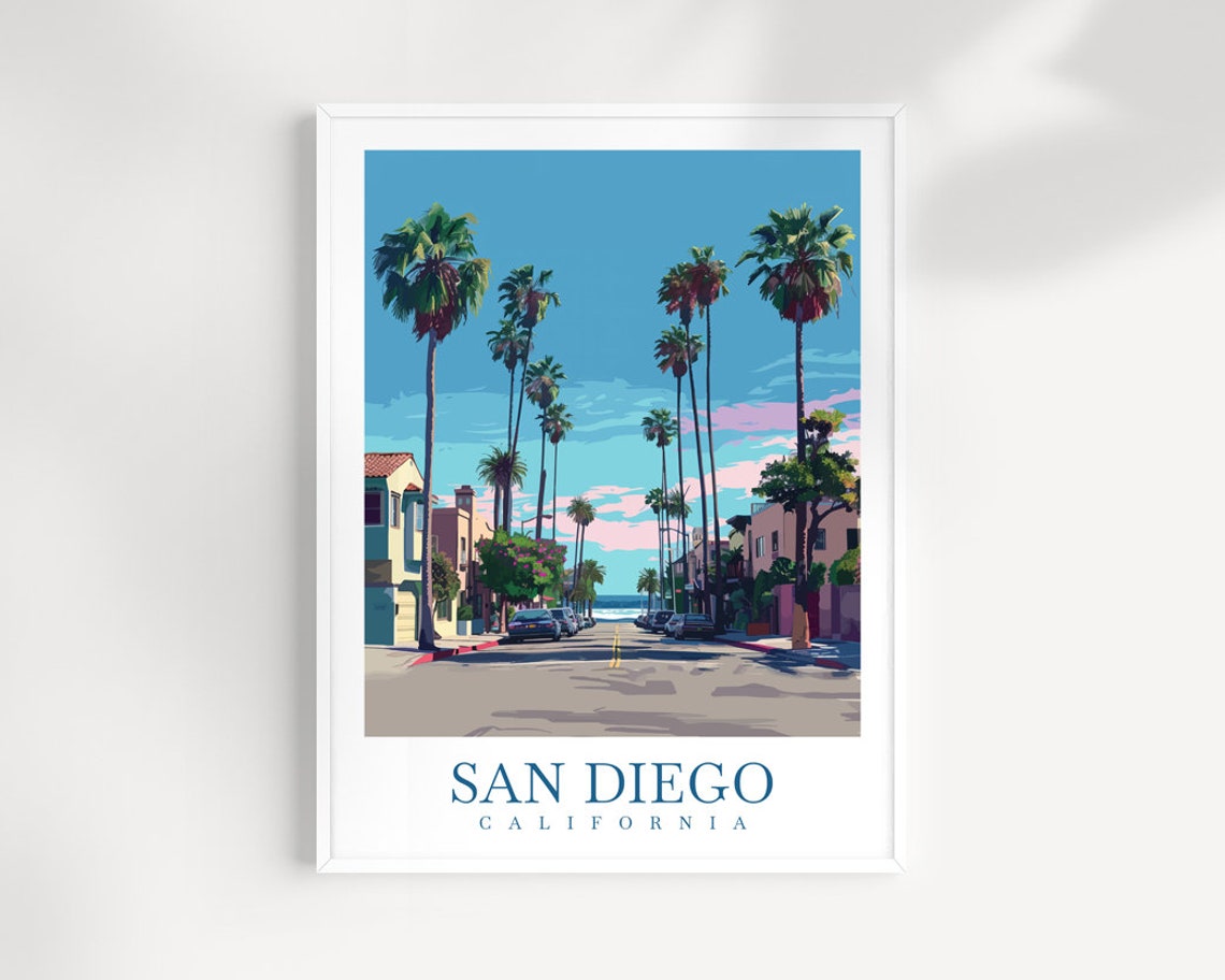 San Diego California Palm Lined Street Ocean Sunset Sky Art Poster