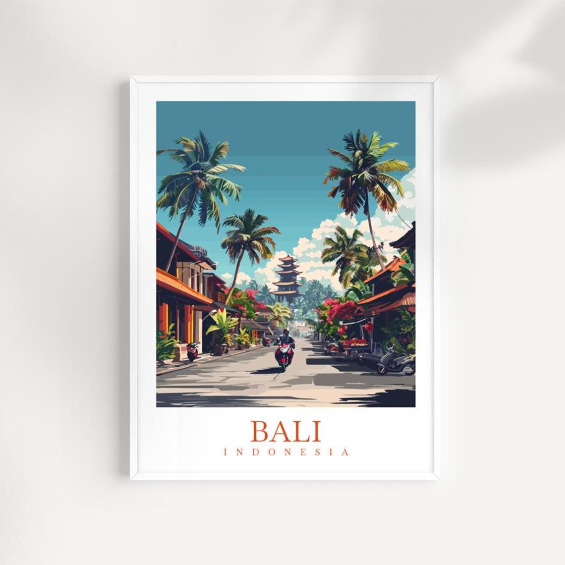 Bali Indonesia Tropical Street With Palm Trees And Scooters Poster
