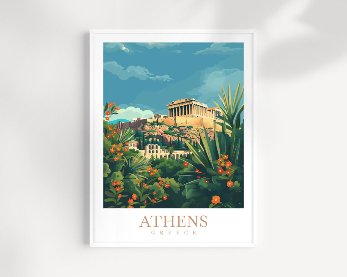 Athens Greece Acropolis Hill Flowers View Vintage Travel Poster
