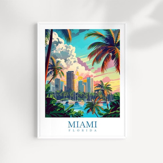 Miami Florida Skyline Palm Trees Marina Sunset Travel Poster