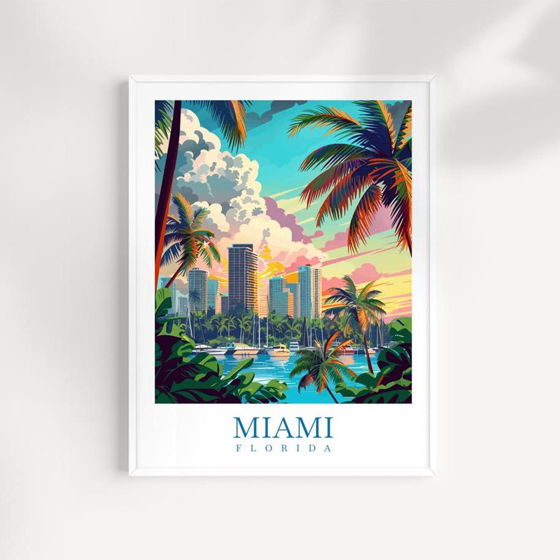 Miami Florida Skyline Palm Trees Marina Sunset Travel Poster