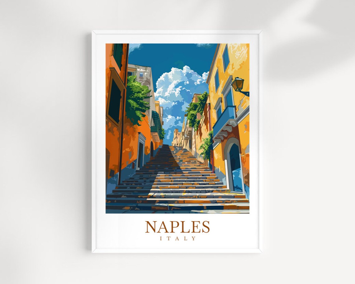 Naples Italy Stone Stairway Old Town Ochre Walls Travel Poster
