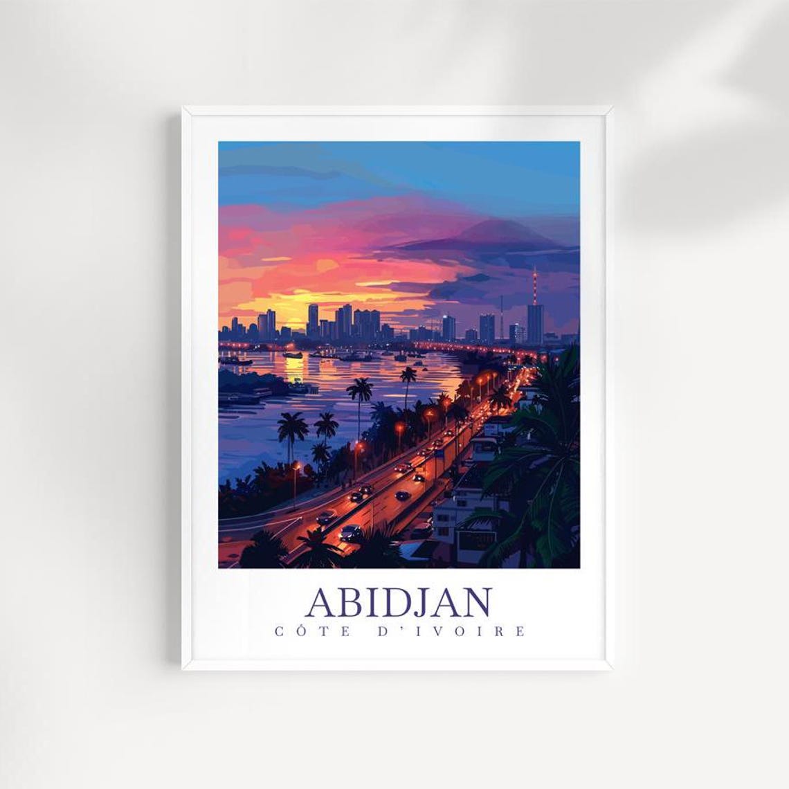 Abidjan Cote D'Ivoire Sunset Bay Highway Lights Skyline Poster