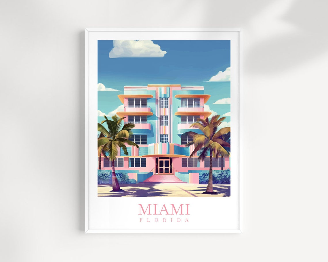 Miami Florida Pastel Art Deco Hotel Building Palm Trees Travel Poster