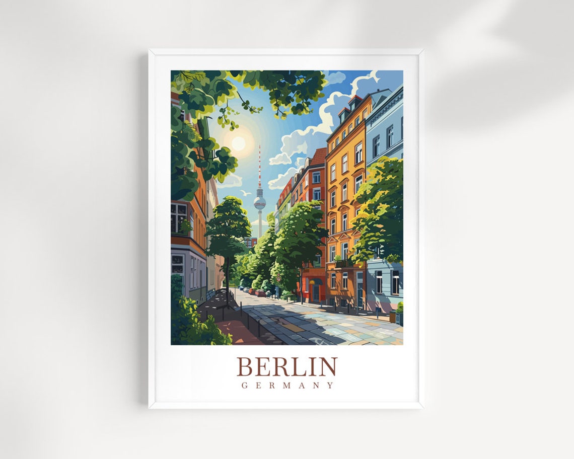 Berlin Germany Vintage Sunny Street With TV Tower Travel Poster