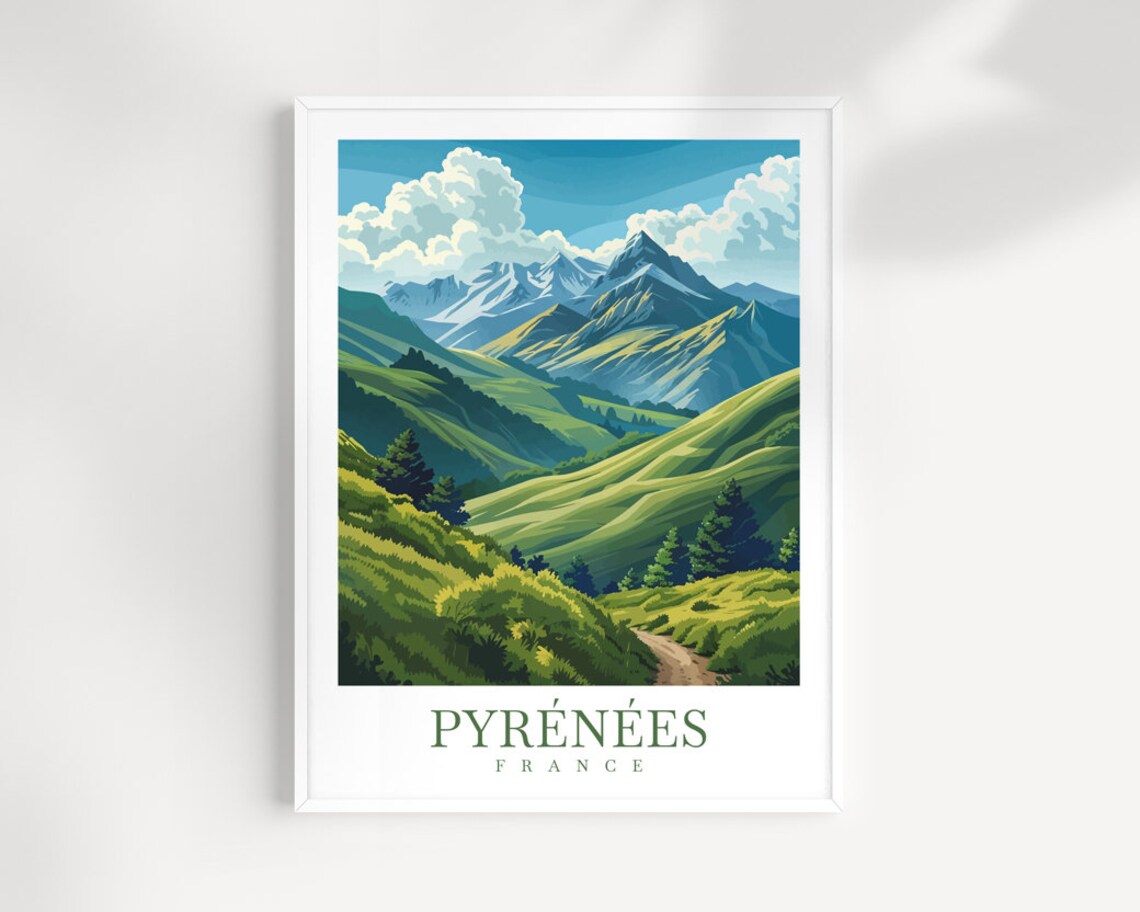 Pyrenees France Green Mountain Valley Hiking Trail Travel Poster