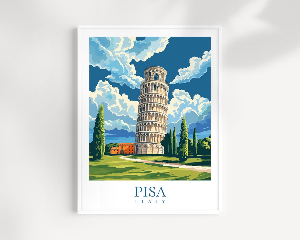 Pisa Italy Leaning Tower Landmark Bright Blue Sky Travel Poster