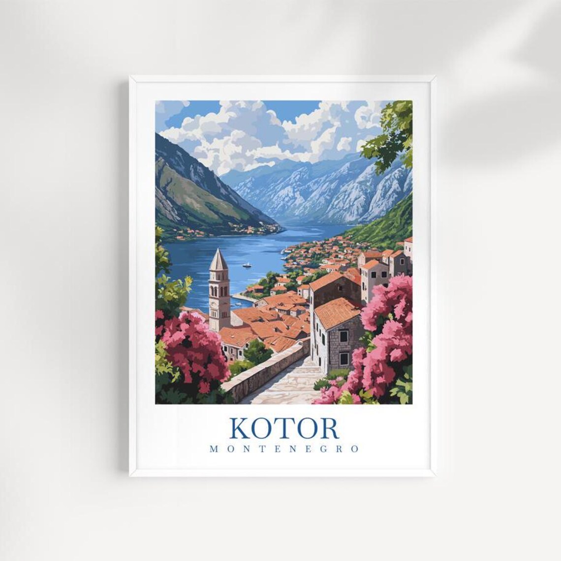 Kotor Montenegro Bay Old Town Stone Church Tower Travel Poster