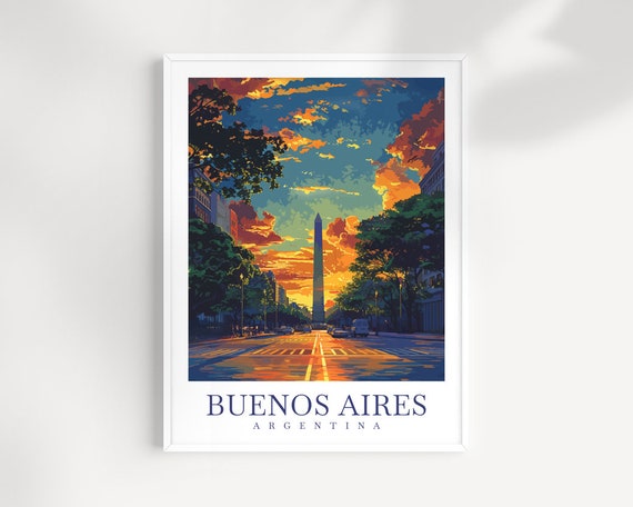 Vintage Buenos Aires Argentina Obelisk Sunset Avenue Travel Poster