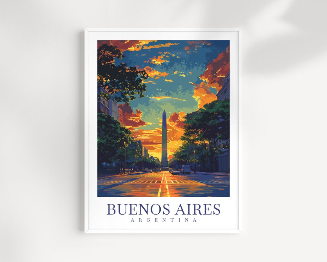 Vintage Buenos Aires Argentina Obelisk Sunset Avenue Travel Poster