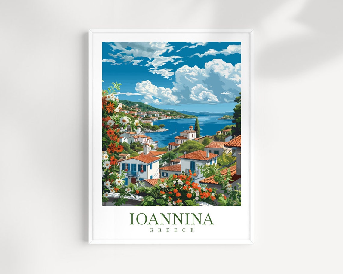 Ioannina Greece Seaside Town Terracotta Roofs Blue Bay Travel Poster