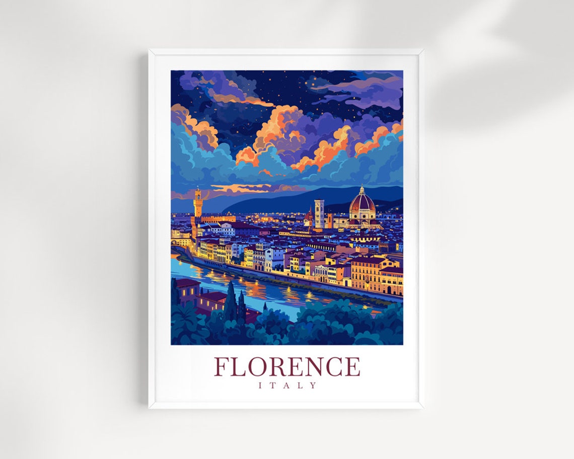 Florence Italy Glowing Night Skyline With Cathedral Dome Art Print