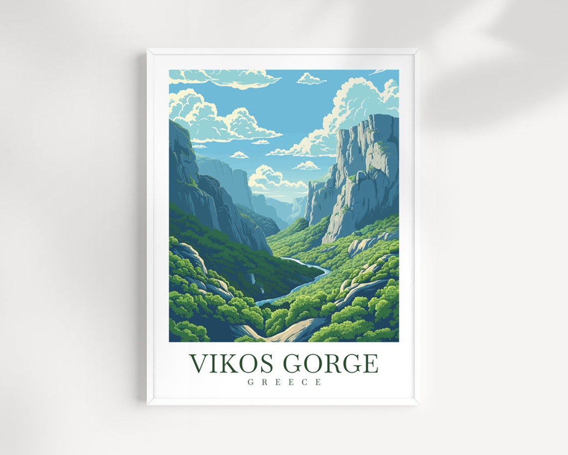 Vikos Gorge Greece Travel Poster - Deep Green Limestone Canyon Valley
