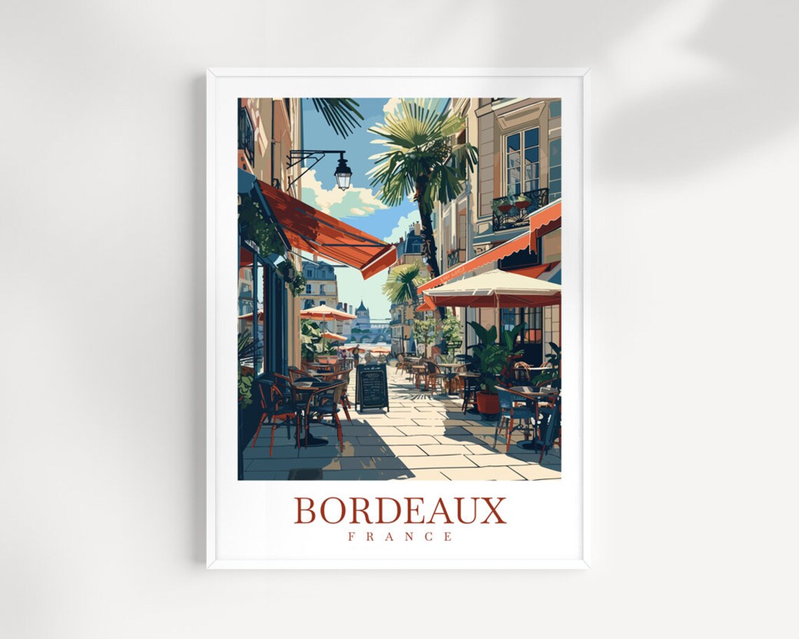 Bordeaux France Cafe Street Poster Palm Trees Sidewalk Scene Art