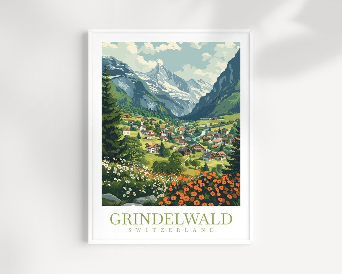 Grindelwald Switzerland Alpine Village Snow Peak Valley Vintage Poster