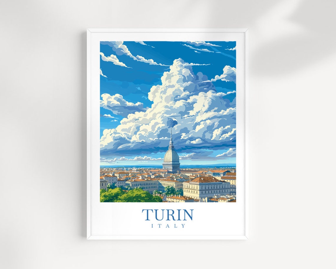 Turin Italy City Skyline Dome Dramatic Clouds Travel Poster Art