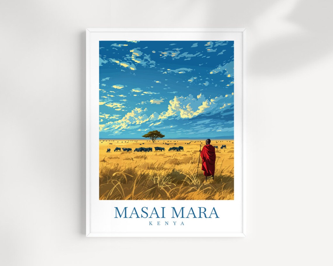 Masai Mara Kenya Safari Savanna Masai Figure Wildlife Travel Poster