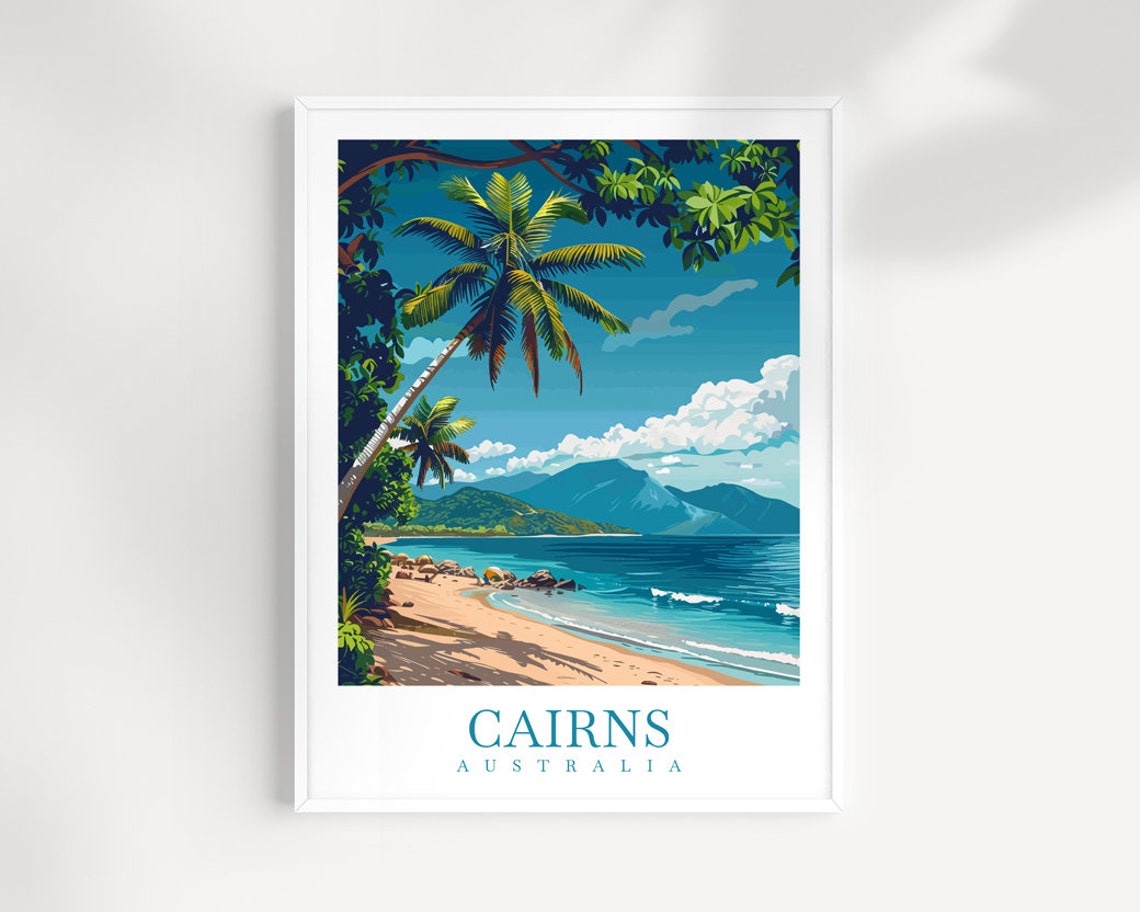 Cairns Australia Palm Beach Blue Ocean Mountain View Travel Poster