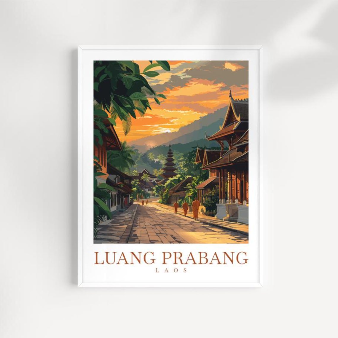 Luang Prabang Laos Temple Street Sunset Asia Travel Art Poster