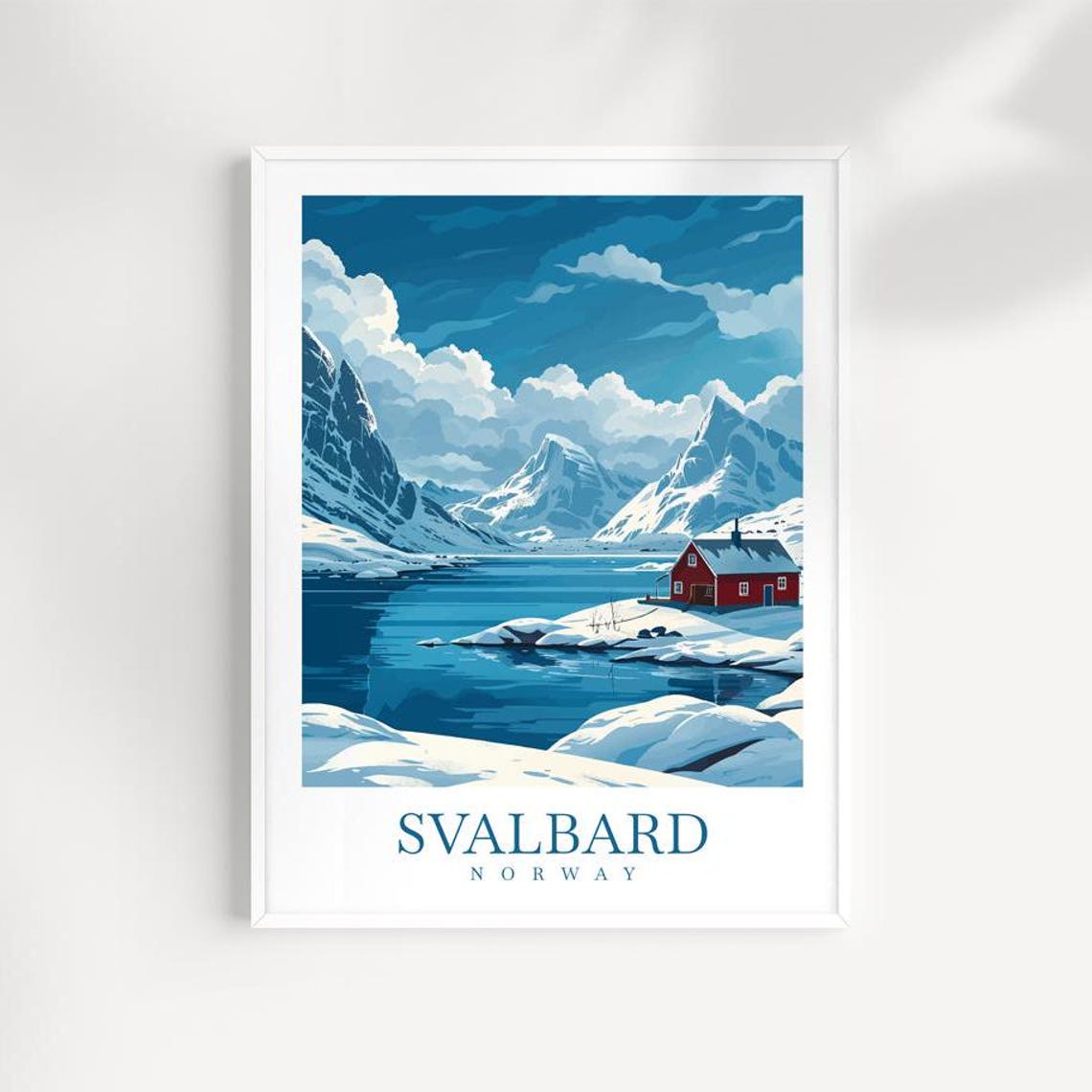 Svalbard Norway Arctic Cabin Snowy Lakeshore Winter Travel Poster