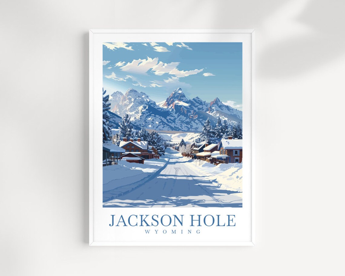 Jackson Hole Wyoming Snowy Town Street Grand Teton Peaks Poster