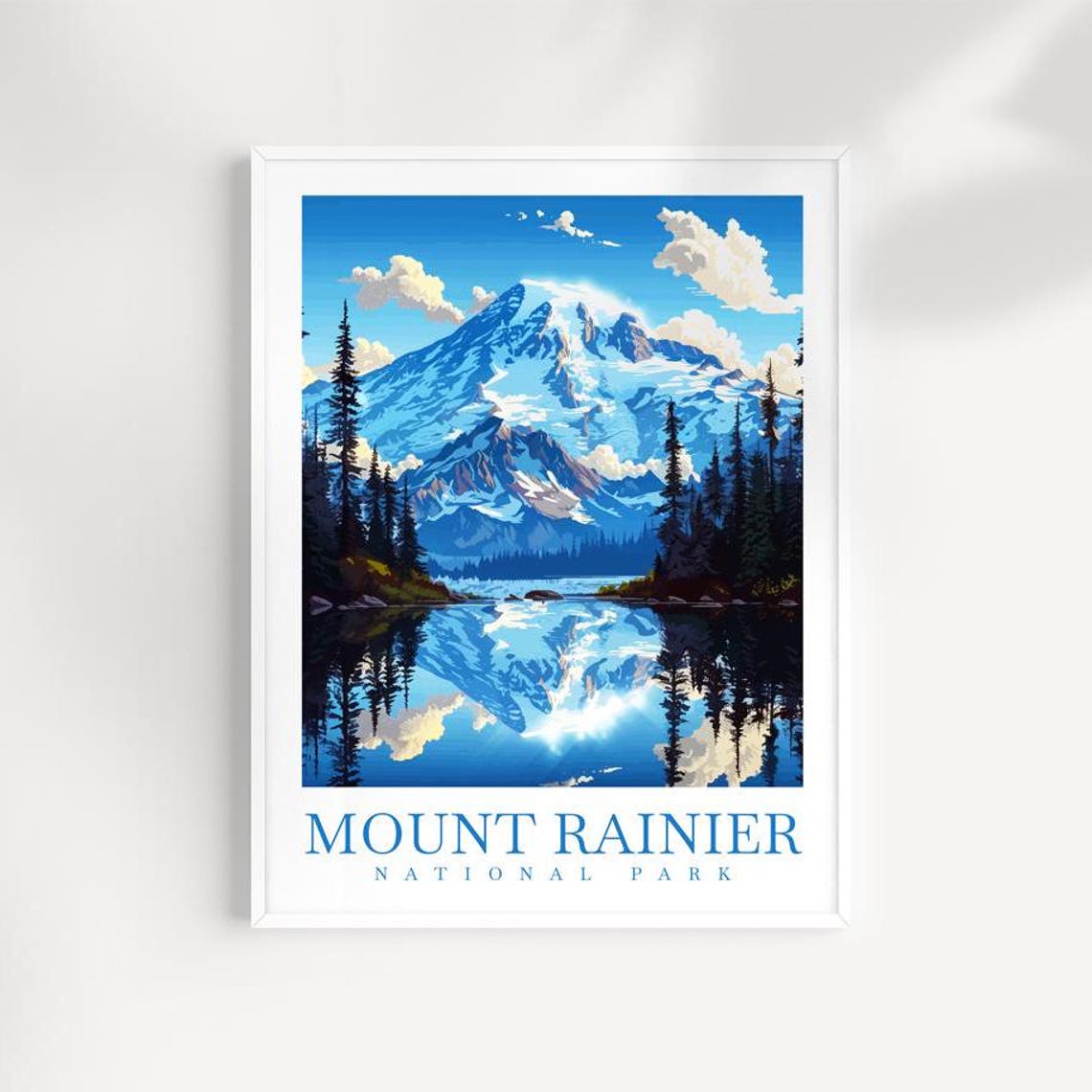 Mount Rainier National Park Snowy Peak Lake Reflection Poster