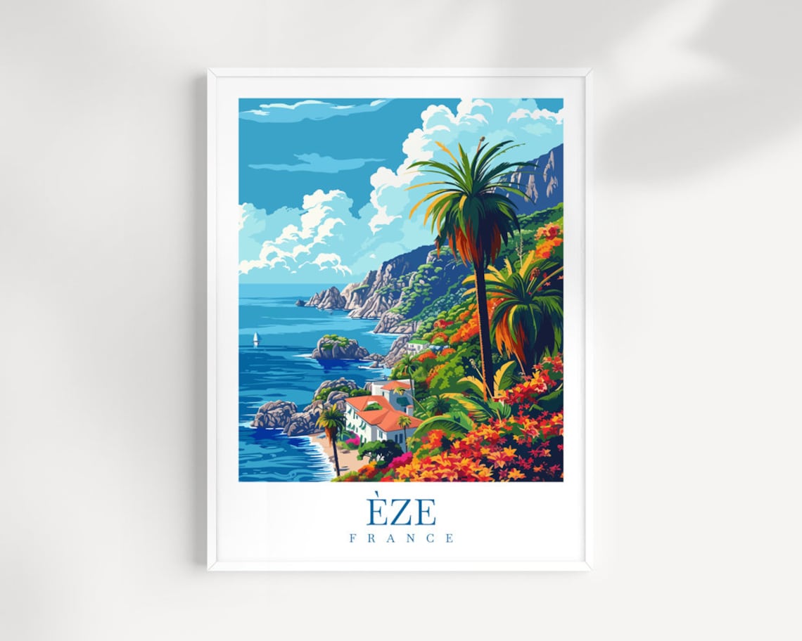 Èze France Coast Print Rocky Cliffs Palm Trees Villa Sea View Art