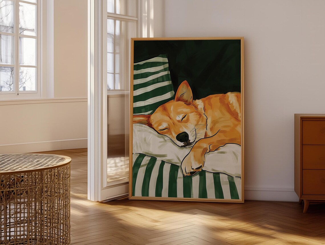 Sleeping Shiba Inu Puppy on Green Striped Pillow Cute Dog Poster - Image 6