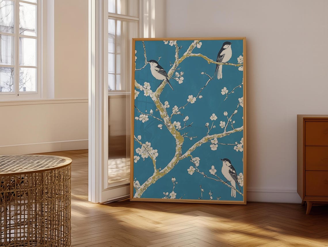 Three Small Birds On Blossoming Branches Deep Teal Botanical Poster - Image 6