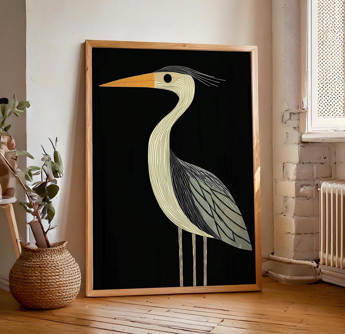 Retro Vintage Heron Art Deco Wall Art Print, Bird Decor