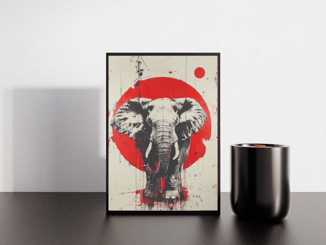 Elephant Before Giant Red Sun Trash Polka Style Ink Art Poster - Image 5