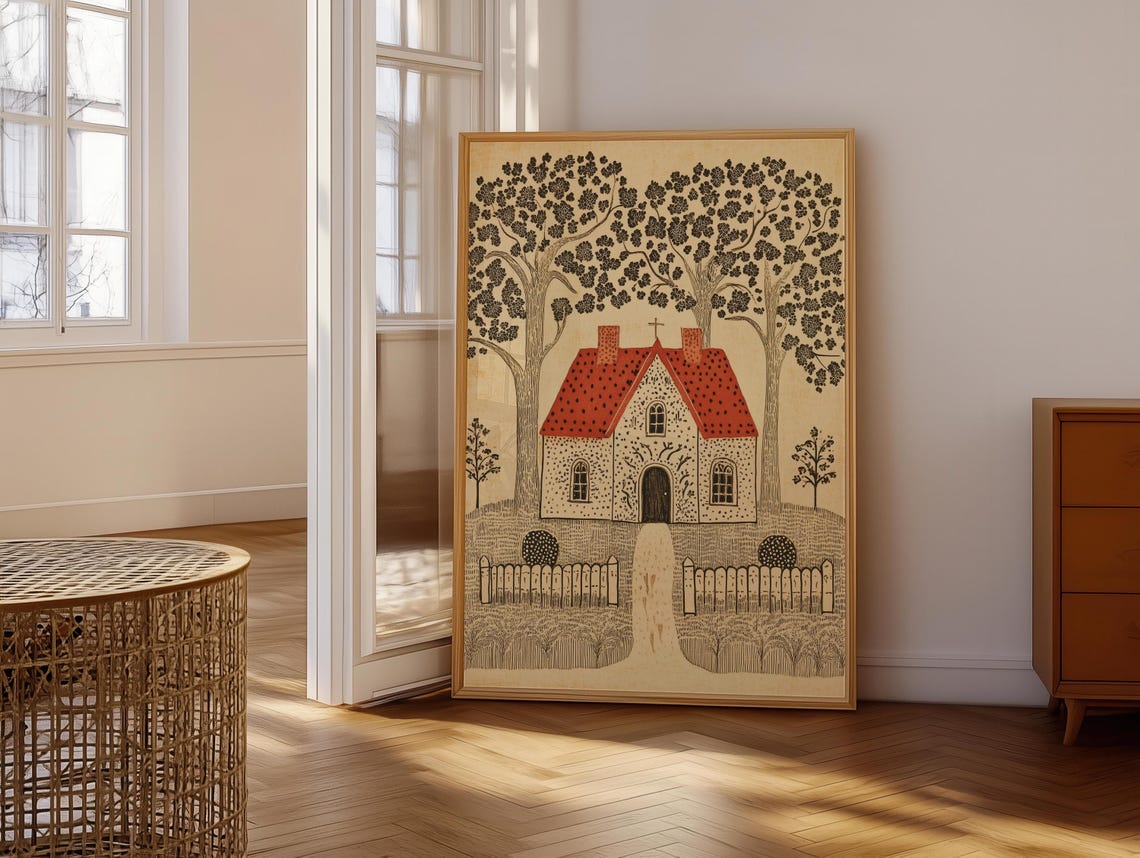 Textile Wall Art Tapestry Inspired Folk Art Poster Prints Neutral Cottagecore Decor Country Small Town - Image 6