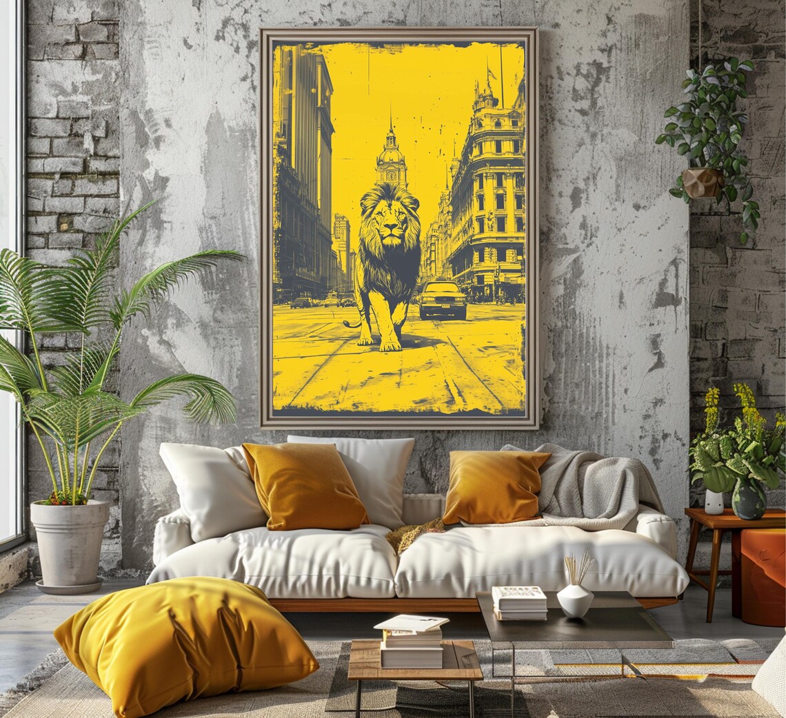 Lion Walking Down A City Street In Bold Yellow Pop Art Poster - Image 6
