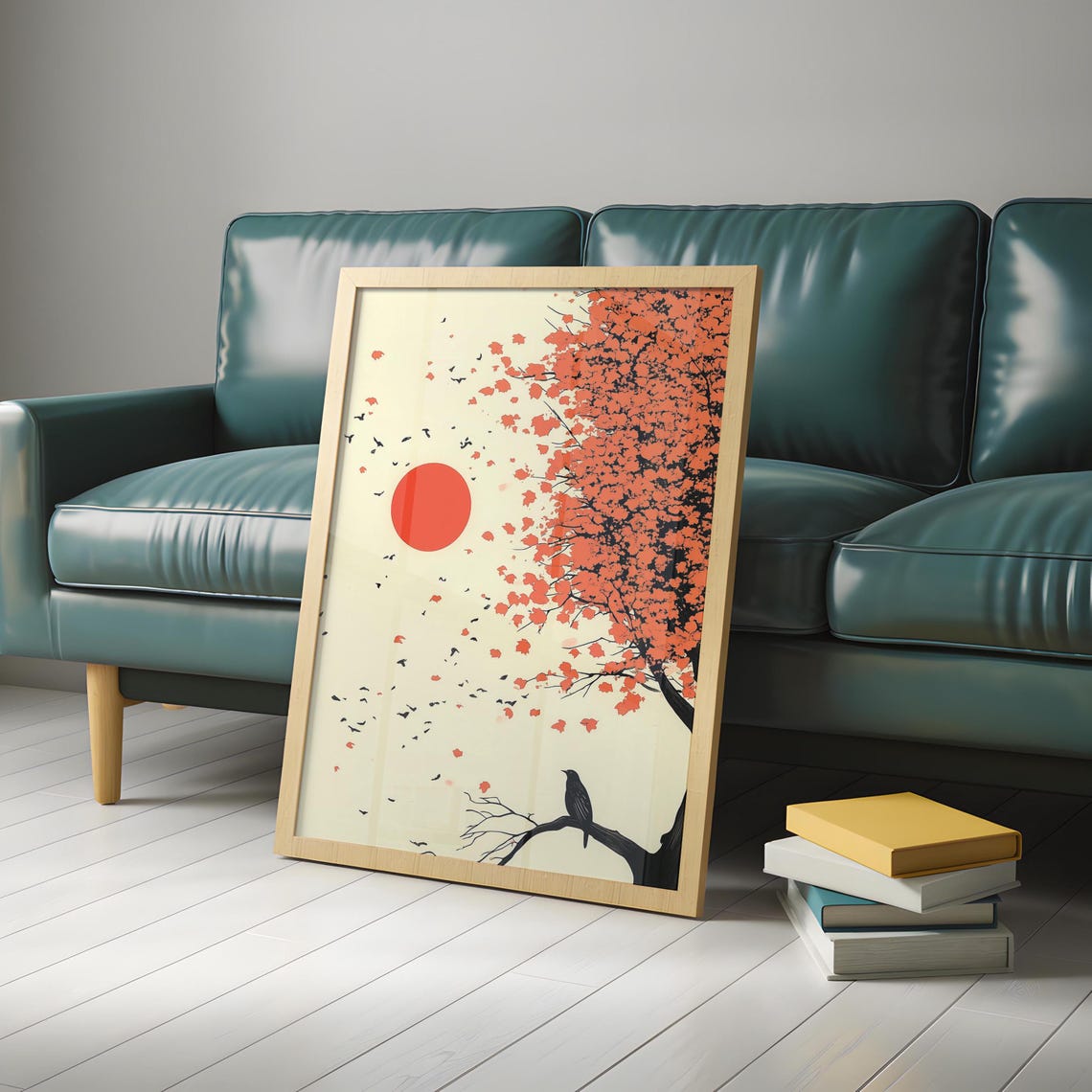 Japandi Red Sun Over Blossom Tree With Black Bird Cream Wall Art - Image 3