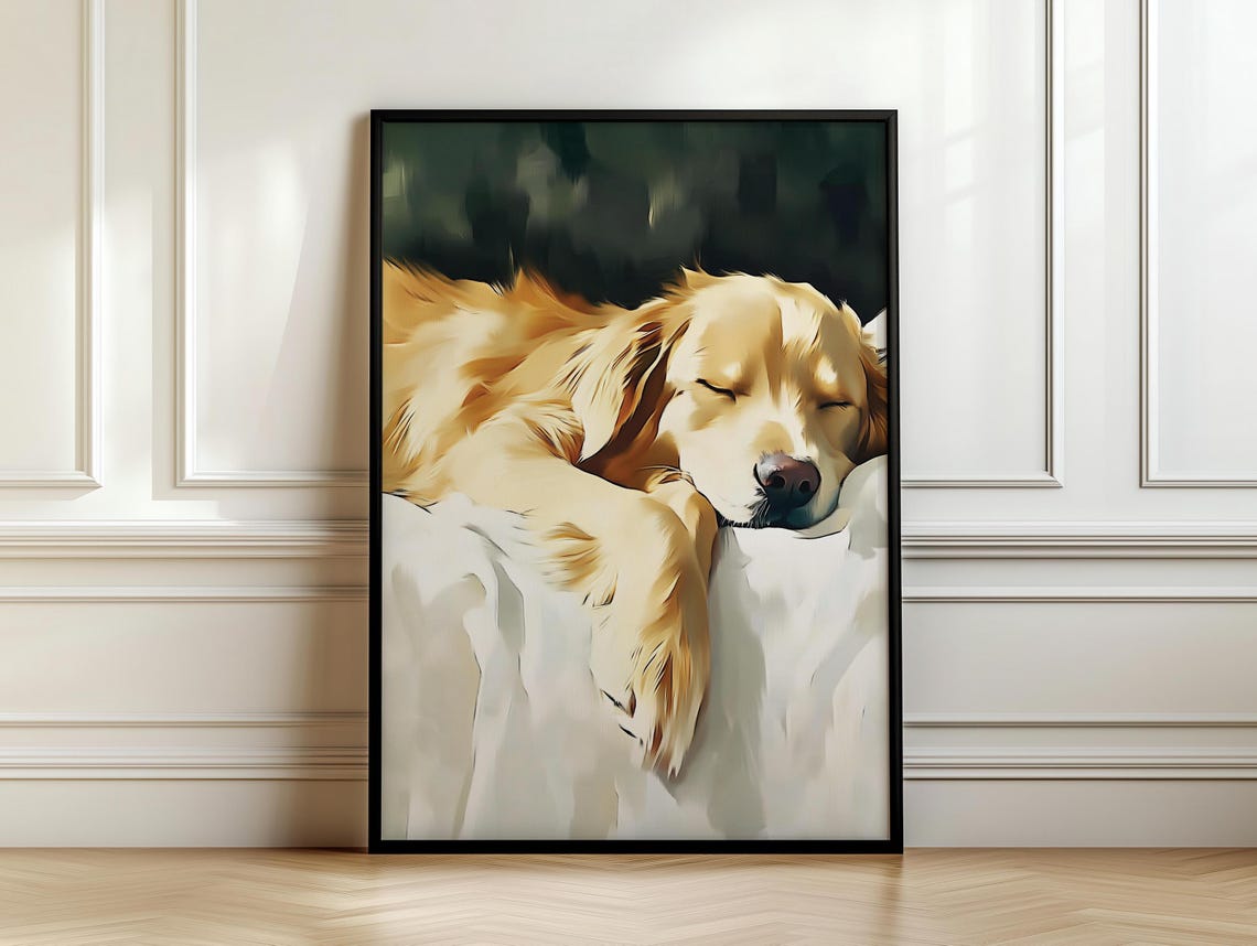 Golden Retriever Napping on White Blanket Soft Painterly Dog Poster - Image 7