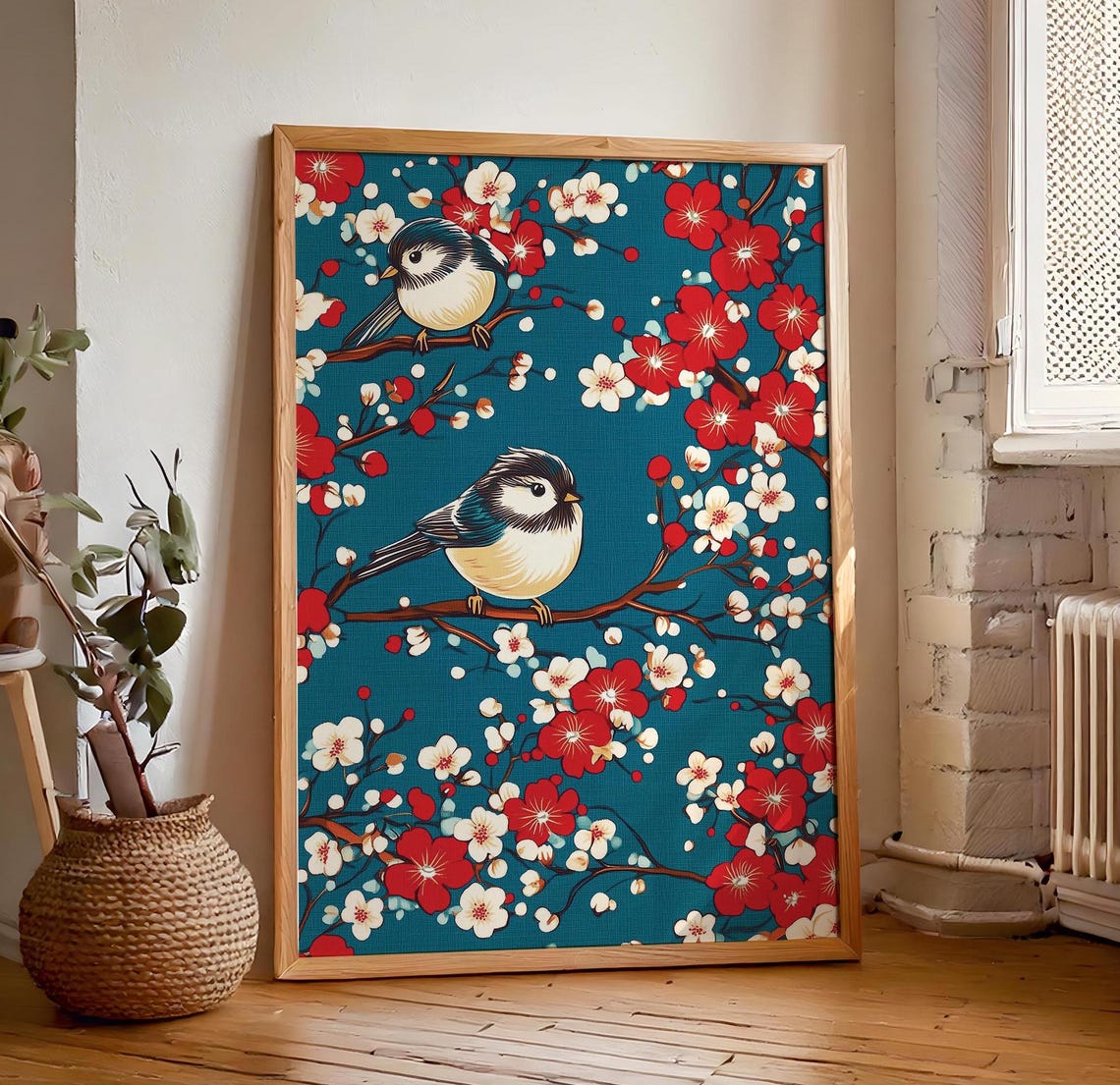 Two Songbirds Resting Among Red And White Blossoms Teal Poster