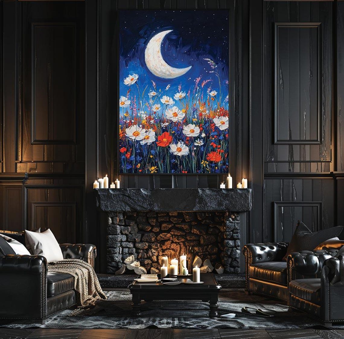 Crescent Moon Oil Painting Gothic Whimsigoth Decor Wall Art Macabre Painting Dark Academia Moody Wall Hanging Art - Image 3