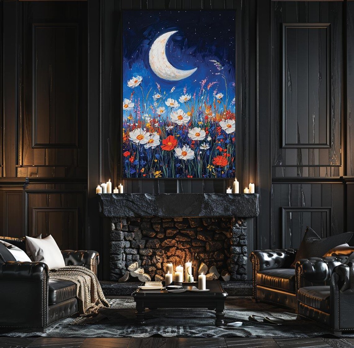 Crescent Moon Over Wildflower Meadow Night Oil Painting Poster - Image 3