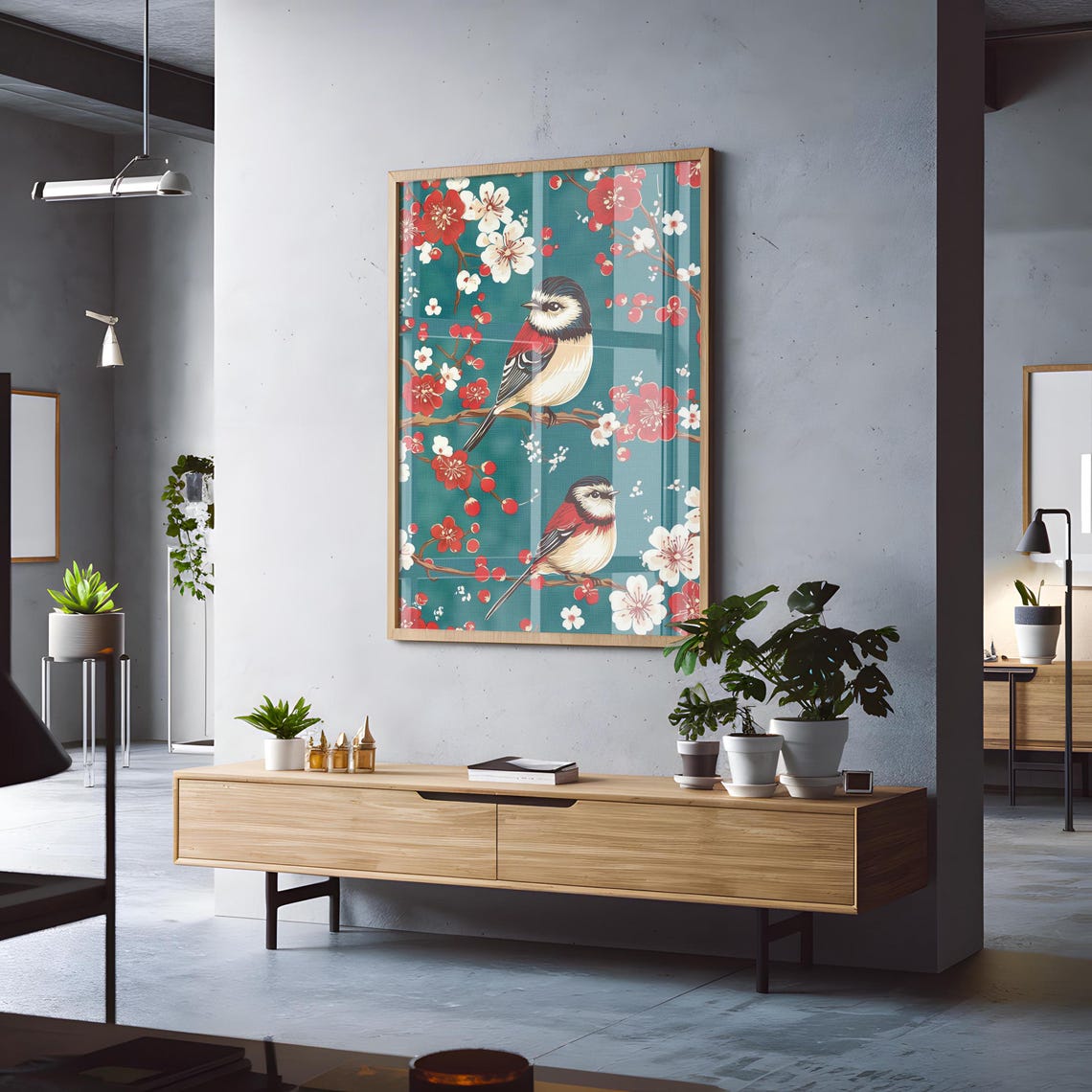 Two Red Winged Birds Among Blossoms Teal Chinoiserie Art Poster - Image 3