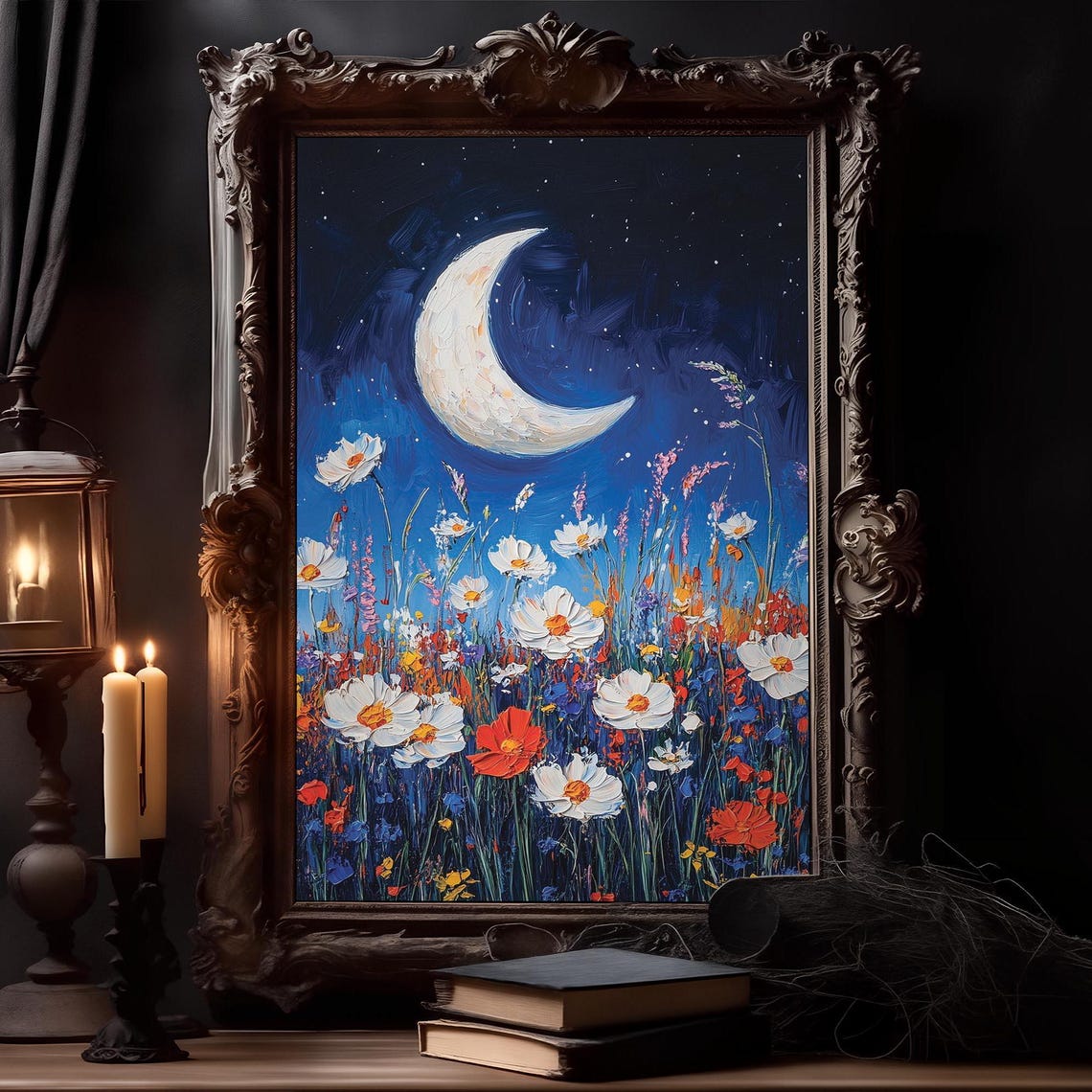 Crescent Moon Over Wildflower Meadow Night Oil Painting Poster