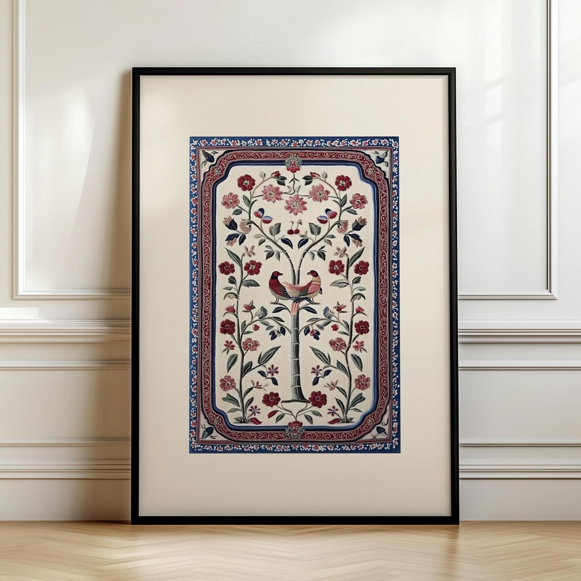 Red Kashmiri Tree of Life With Two Birds Floral Textile Poster