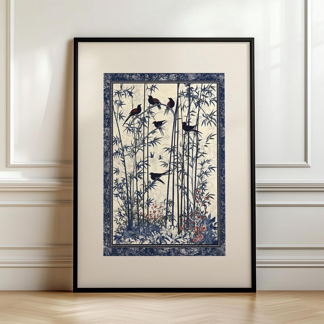 Blue Bamboo Forest With Black Birds Chinoiserie Textile Art Poster