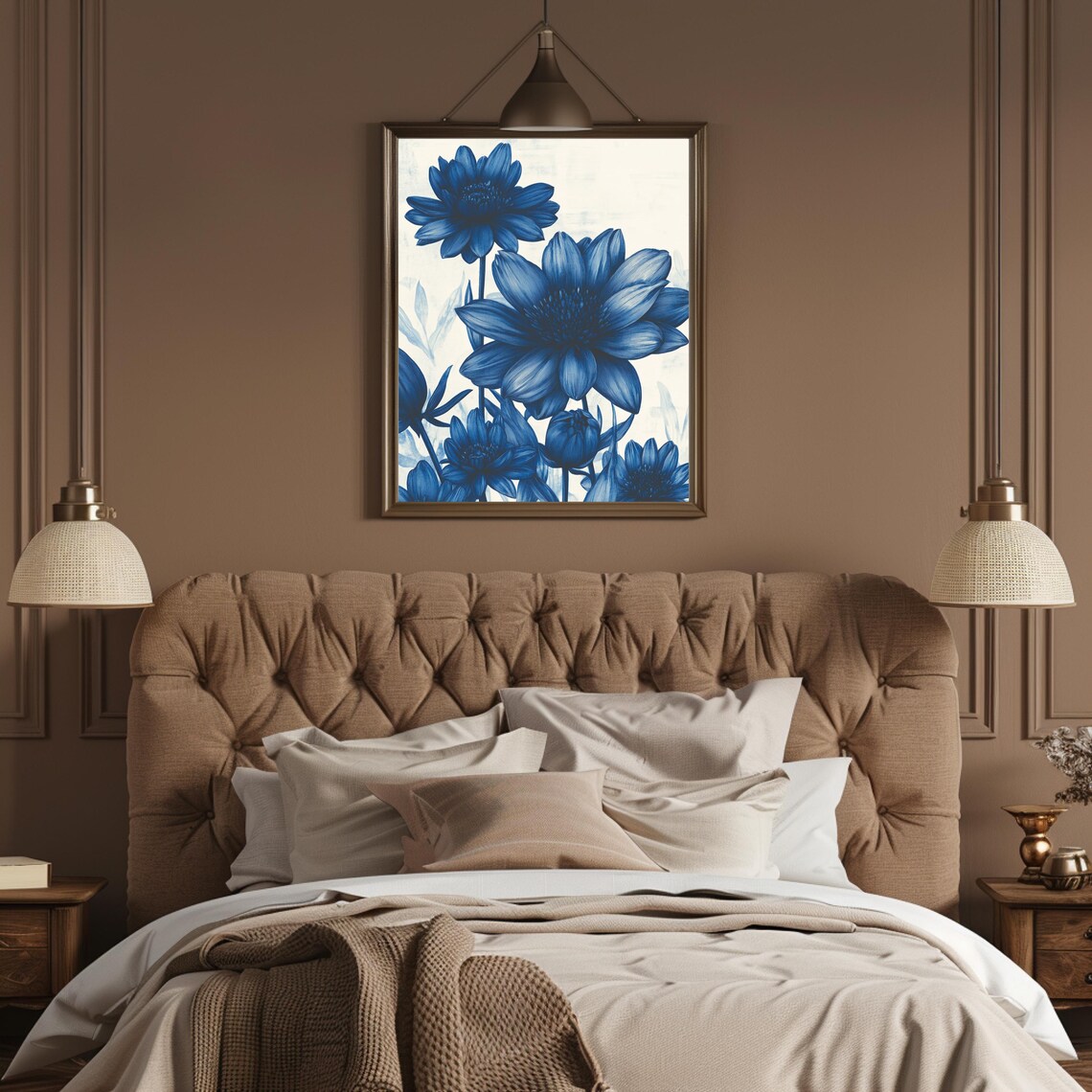 Blue Ink Watercolor Flower Blooms on White Botanical Art Poster - Image 3