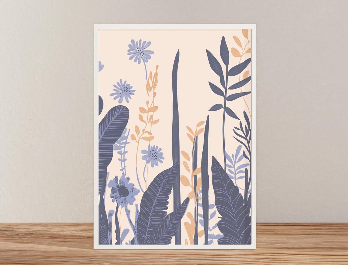 Blue Purple Wildflowers with Gold Leaves Chinoiserie Botanical Poster