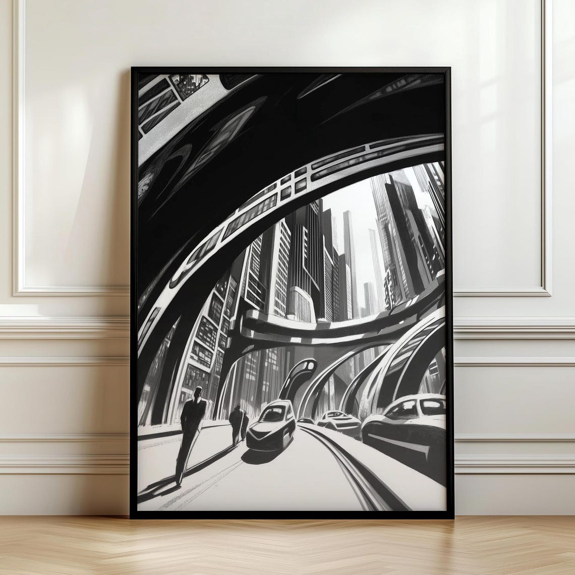 Retro Futurist City with Elevated Highways Drawing Artwork Poster
