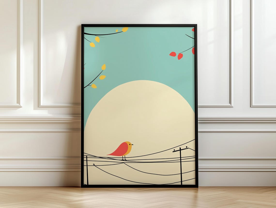 Red And Yellow Bird On Wire Large Sun Teal Minimalist Poster - Image 7